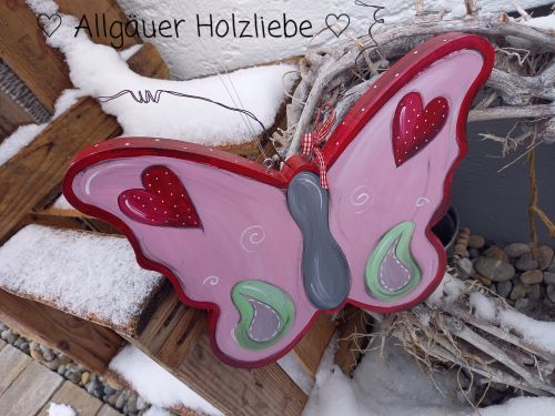 Hänger Schmetterling * 30 x 23,5 cm * Holz * Herz * Rosa Rot